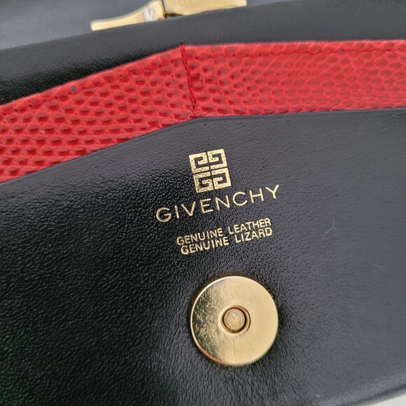 Givenchy Vintage Lizard Leather Wallet Black Red Logo Envelope Large Clutch - Picture 4 of 16